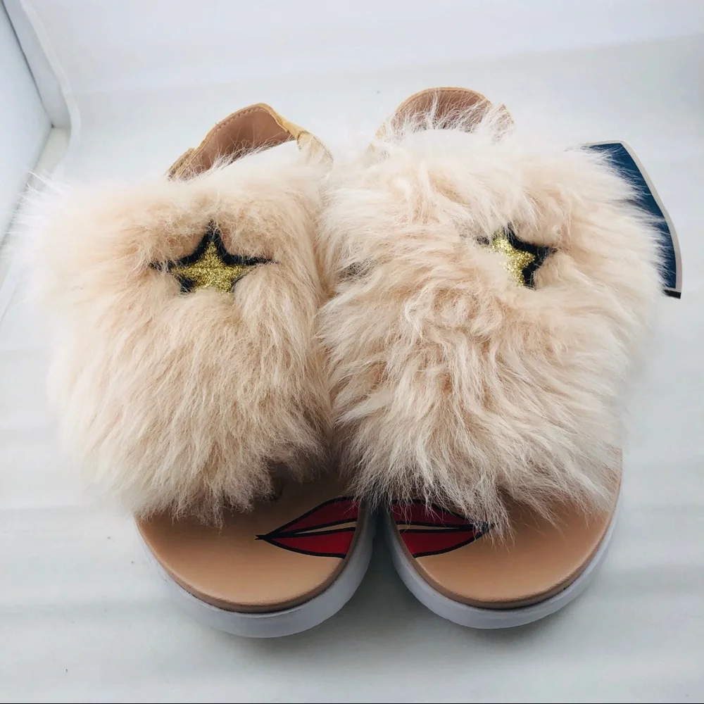 UGG Girls Beige Fluff Sandals with Embellished Stars